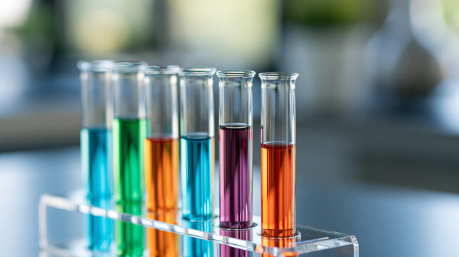 Closeup shot of colorful glass test tubes filled with vibrant liquids arranged neatly in clear acrylic rack, defocused systematic chemical specimen organization, with copy space