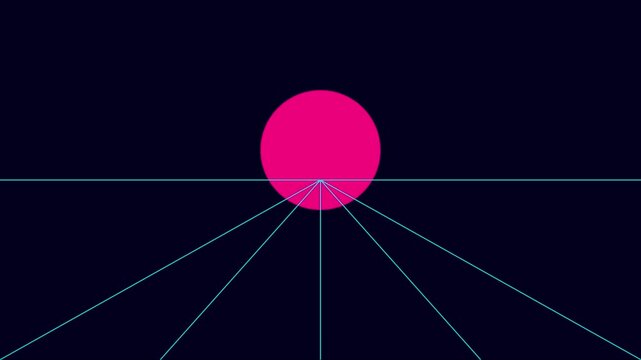 Retro synthwave horizon with pink sun and neon grid lines motion animation 4k background