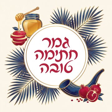 Gmar Chatima Tova greeting card vector illustration for Rosh Hashanah and Yom Kippur. Jewish New Year design with Hebrew text, honey jar, apple slices, pomegranate, shofar and tropical palm 