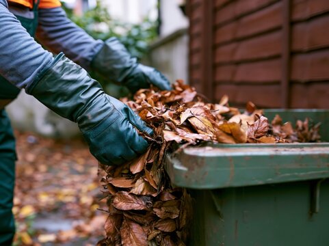 Gardener's hands wearing gloves depositing a pile of dry autumn leaves into a green bin next to a wooden fence