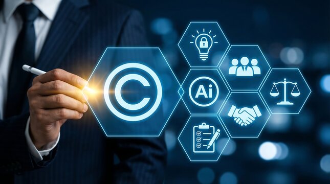 Businessman drawing copyright symbol on digital interface with artificial intelligence icons