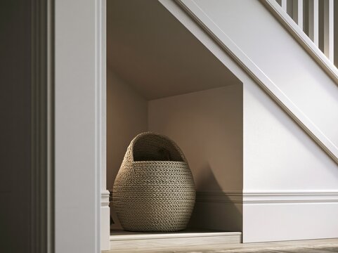 A woven basket tucked away neatly under a staircase, offering a glimpse of cozy home organization. The light highlights the texture of the basket and the clean lines of the stair structure