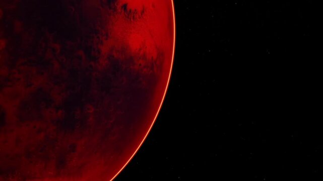 A red planet in outer space. The planet has a visible texture and a bright outline. A black background surrounds the planet, emphasizing its color.