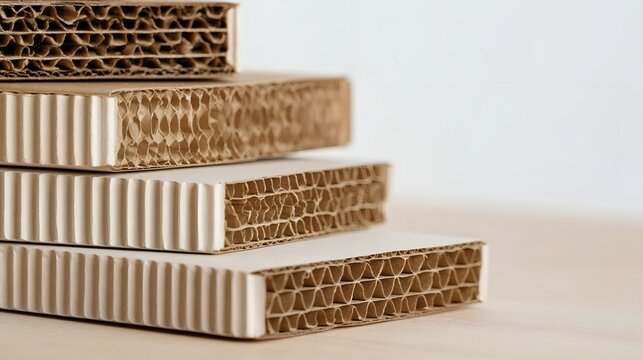 Stacked honeycomb cardboard panels in varying thicknesses  showcasing protective packaging material with geometric internal structure