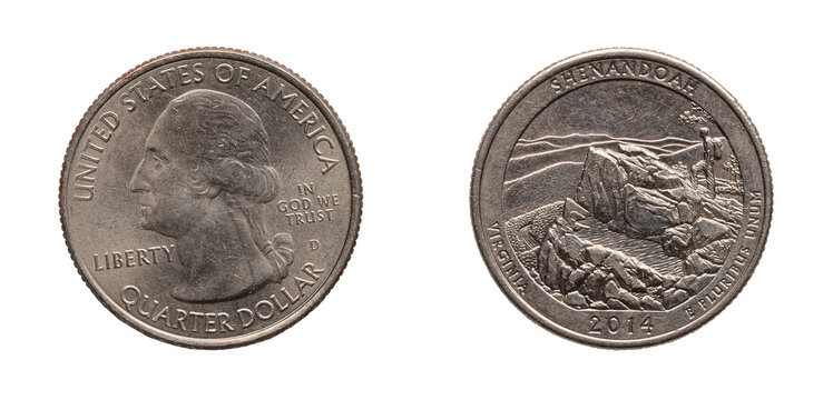 Quarter Dollar coin 2014. png isolated on transparent background.
