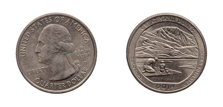 Quarter Dollar coin 2014. png isolated on transparent background.