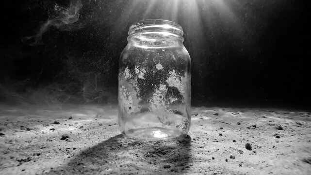 Empty glass jar submerged underwater on sandy seabed, isolated against a dark background, mysterious and tranquil scenery