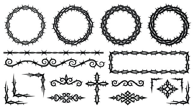 Black thorn crown and barbed wire icons collection, gothic crosses religious symbols and dark ornamental borders for tattoo and alternative design