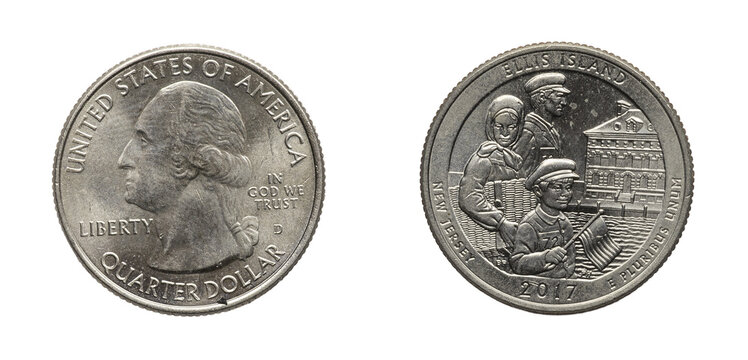 Quarter Dollar coin 2017. png isolated on transparent background.