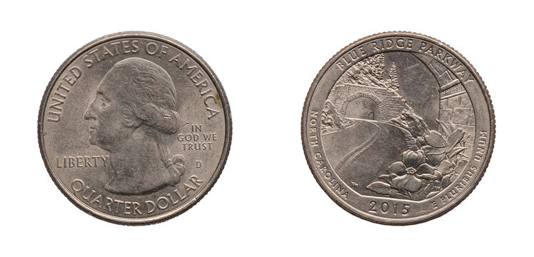 Quarter Dollar coin 2015. png isolated on transparent background.