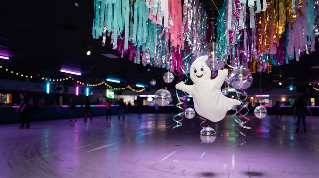 Cute white ghost plush toy on roller rink with pastel disco decoration and mirror balls. Pastel disco Halloween party concept with streamers and glitter light. Retro celebration background