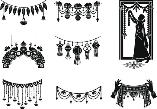 A collection of black diwali silhouette vector illustrations featuring traditional indian festival decorations and festive cultural design elements isolated