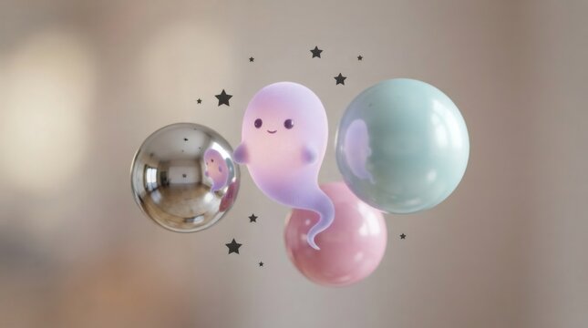 Cute pastel purple ghost floating with shiny disco ball and star. Pastel disco halloween party concept. Cute spooky celebration for greeting card and invitation background design