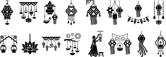 A collection of black and white diwali silhouette icons representing traditional indian festival elements and cultural celebration symbols © Minhaj