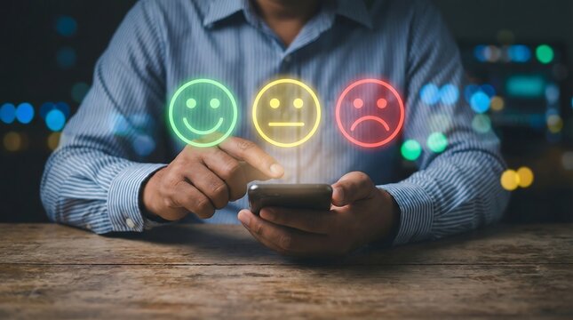 Man using a smartphone to give customer feedback with smiley and sad face emoticons