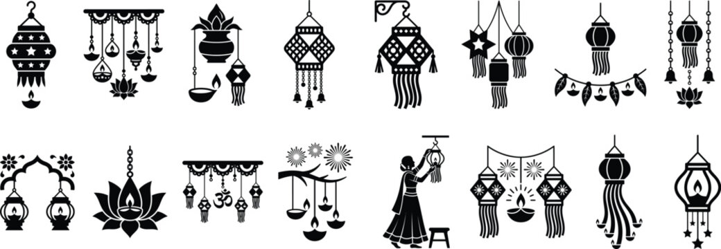 A collection of black and white diwali silhouette icons representing traditional indian festival elements and cultural celebration symbols