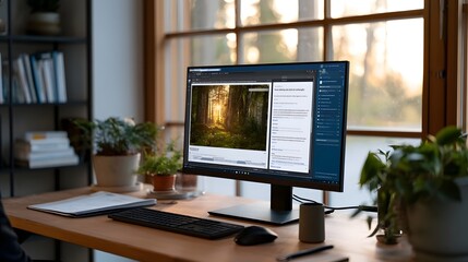 Fototapeta premium A modern computer monitor displays a forest image and text document on a wooden desk with plants and natural light