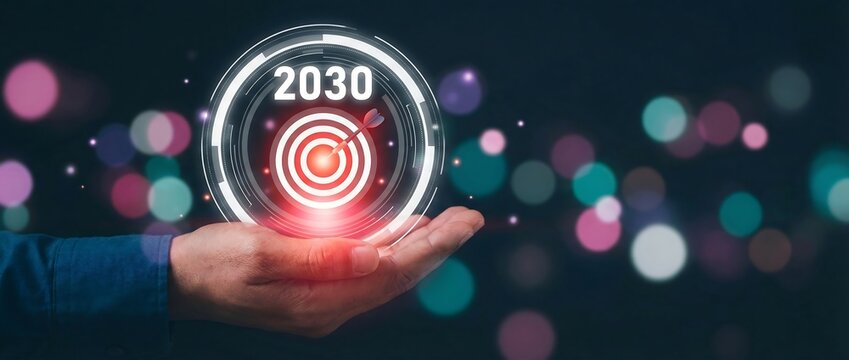 Person holding a glowing futuristic target icon with the year 2030 and bokeh light background