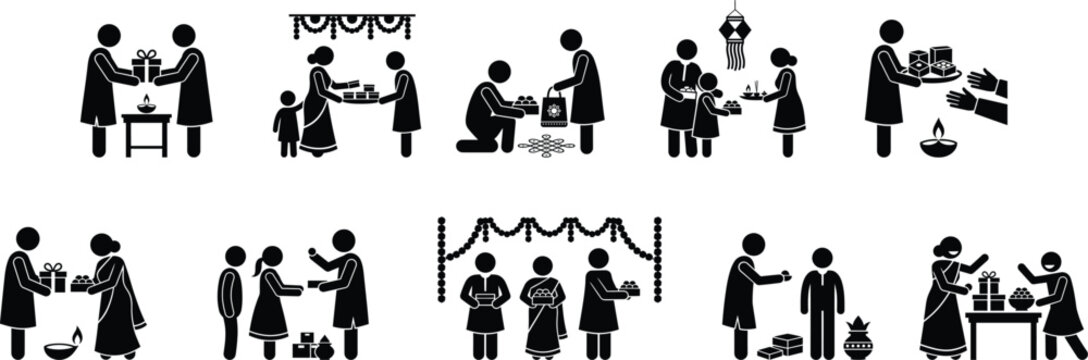 A collection of black diwali silhouette icons showing families celebrating the festival of lights with traditional diyas and decorations
