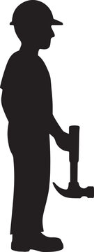 Construction worker holding hammer in profile a dark black silhouette builder craftsman laborer workman tradesman