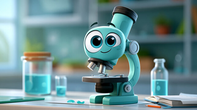 Whimsical cartoon science laboratory featuring happy animated microscope character, defocused illustrated scientific setting, playful educational graphic, cheerful research