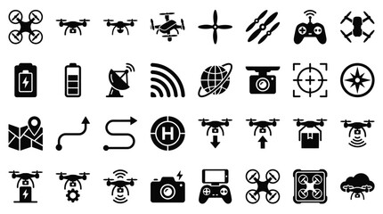 Fototapeta premium Drone technology icons collection, quadcopters controllers batteries navigation and aerial photography equipment symbols for UAV technology and digital design projects