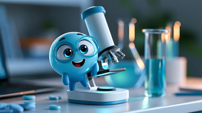 Whimsical cartoon science laboratory featuring happy animated microscope character, defocused illustrated scientific setting, playful educational graphic, cheerful research