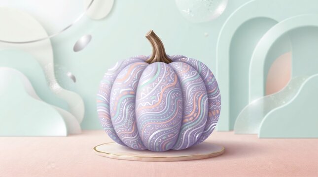 Pastel purple pumpkin with disco pattern and glitter on mint background. Trendy Halloween decoration with geometric ornament for party invitation and modern autumn celebration