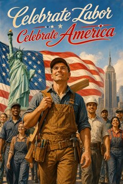 Vintage labor day parade with american flag and statue of liberty background
