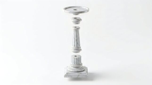 A deconstructed white marble classical column candlestick holder with floating segments isolated on white background