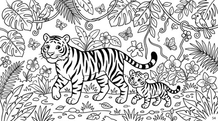 Fototapeta premium Cute Tiger Mom and Cub in Jungle Coloring Page