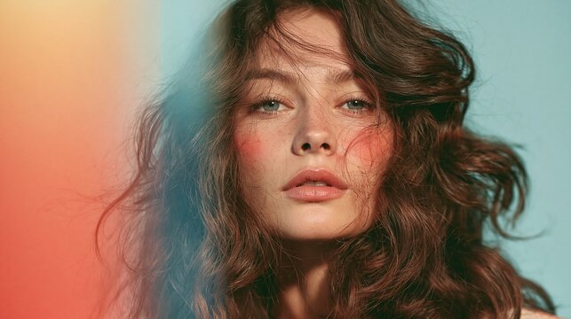 Close-up portrait of a woman with flowing brown hair and flushed cheeks illuminated by warm orange and blue light Atmosphere of cinematic beauty
