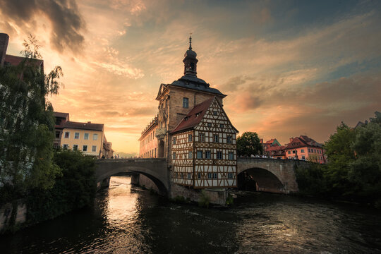 Old Town Hall on Bridge in Bamberg During Warm Sunset Light
