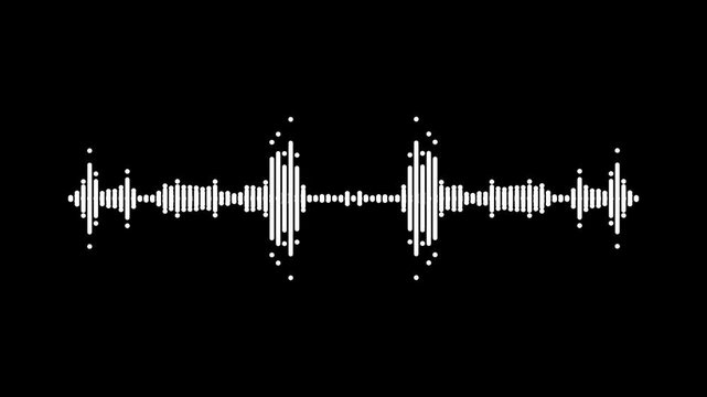 Dynamic audio waveform spectrum, white frequency equalizer lines, rhythmic music sound visualization, podcast voice recording effect, modern digital graphics, black background. seamless 4k loop