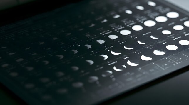 A detailed moon phase chart with illuminated crescent and full moon illust ns arranged in a structured grid pattern