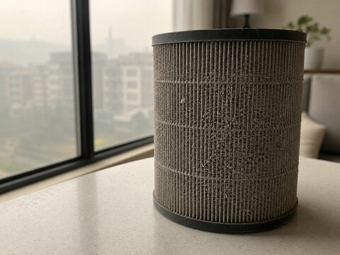 Used dusty air purifier filter on a tabletop by a hazy apartment window, visualizing indoor air quality, pollution exposure and filter replacement.