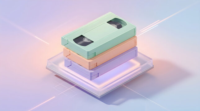 A stack of three pastelcolored vhs tapes resting on a glowing, translucent platform against a soft, dreamy gradient background