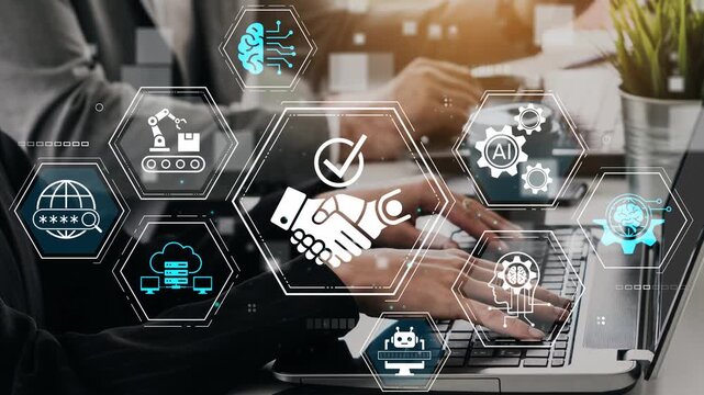 Modern Workplace with Digital Collaboration and Technology Concepts Featuring Hands on Laptop and Graphic Icons for Business Solutions and AI Innovations. Entropy.
