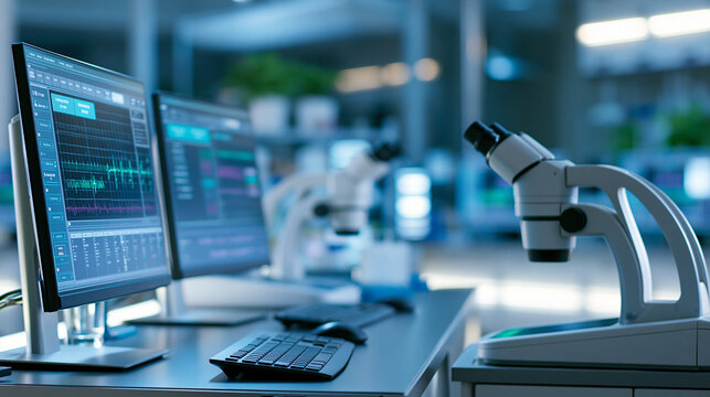 Modern genome lab interior with multi station sequencing prep workflow, defocused genetic research facility, DNA analysis environment, molecular biology workspace, with copy space