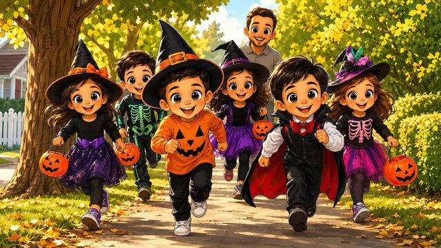 Fr&ouml;hliche Halloween-Karikatur mit einer Gruppe kost&uuml;mierter Kinder beim Trick or Treat am Tag, mit Hexen, Vampir, Skelett, K&uuml;rbiseimern und buntem Herbstlaub.
