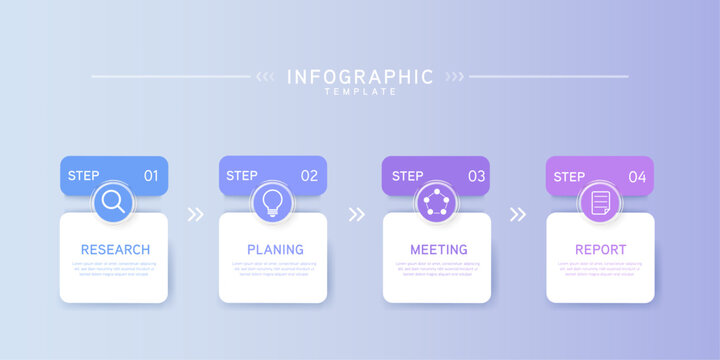 Infographic labels with icons and Neomorphism 4 step. Liquid glass and Banner. Vector illustration.	