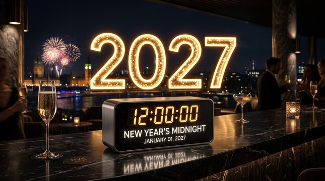 Futuristic digital clock displaying New Year&rsquo;s 2027 celebration with champagne and fireworks