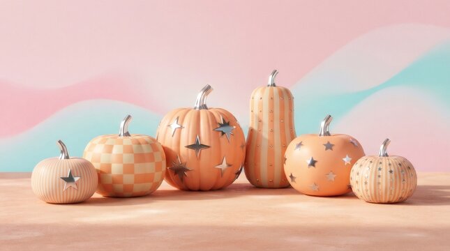 Collection of pastel peach disco pumpkins with silver metallic pattern on pink and mint wavy background. Pastel disco Halloween party decoration concept. Trendy autumn decor for greeting card