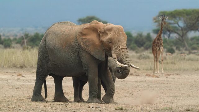 African elephants and giraffes roam savanna plains in a natural wildlife documentary
