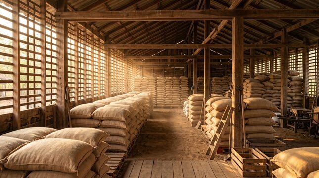 Large rustic wooden warehouse filled with stacked sacks of agricultural grains and crops under warm sunlight through wooden slatted walls.