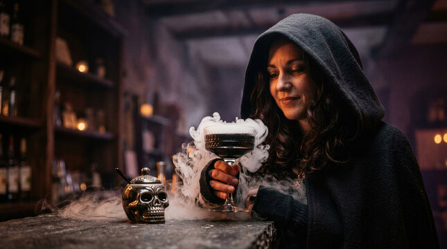 Woman dressed as a witch holding a smoking cocktail in a dark bar. Halloween party celebration concept with mysterious atmosphere. Spooky drink for holiday event and themed evening.
