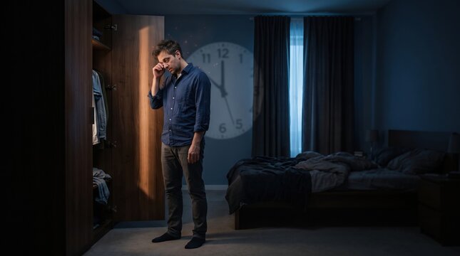 Tired man rubbing his eyes standing in front of an open wardrobe in a dark bedroom at night with a large clock shadow on the wall.