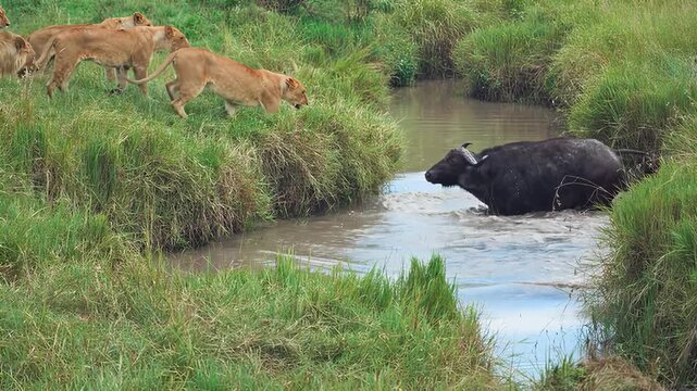 Lions hunting buffalo in a river during a dramatic wildlife chase