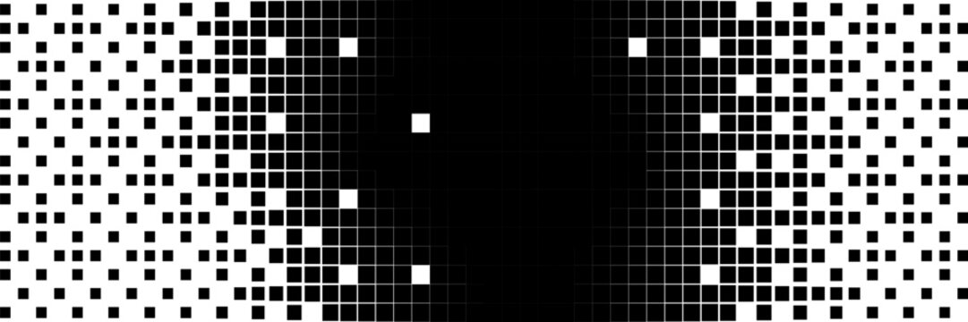 Background with pixel transform effect with halftone dot pattern. 8bit art design with explosions.