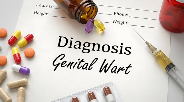 Diagnosis of Genital Wart on medical document with syringe and prescription pills